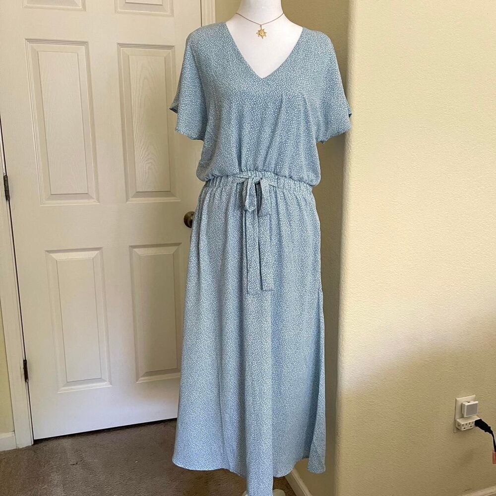 NWT Cottagecore boho blue speckled tie-waist maxi length peasant dress - medium